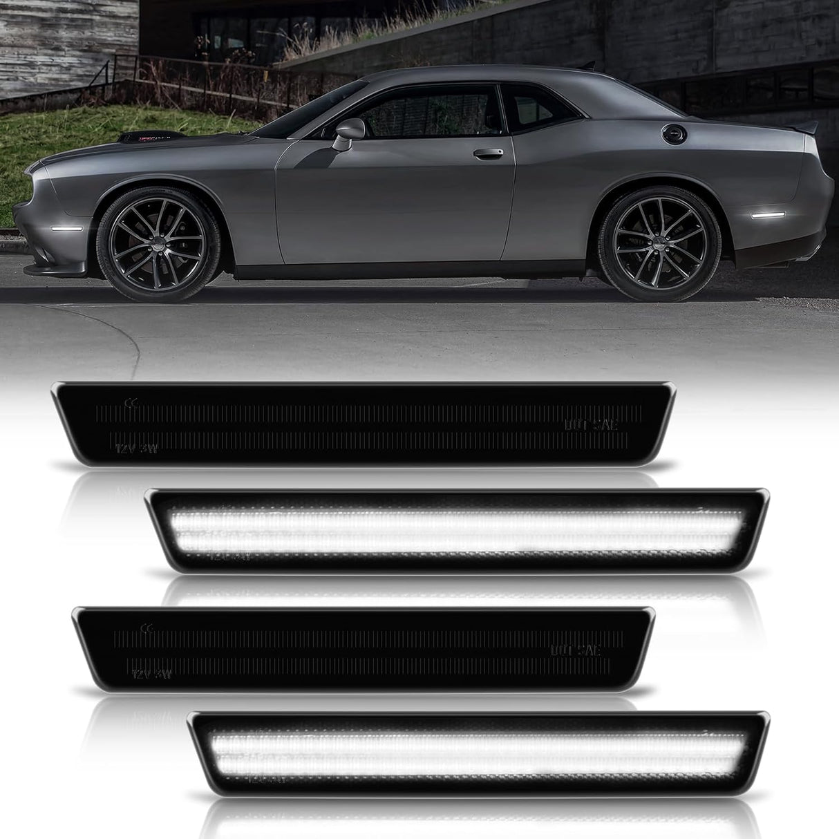 2015-2023 Dodge Challenger SCANNING White LED Smoked Side Marker Lights - AutoLEDTech.com