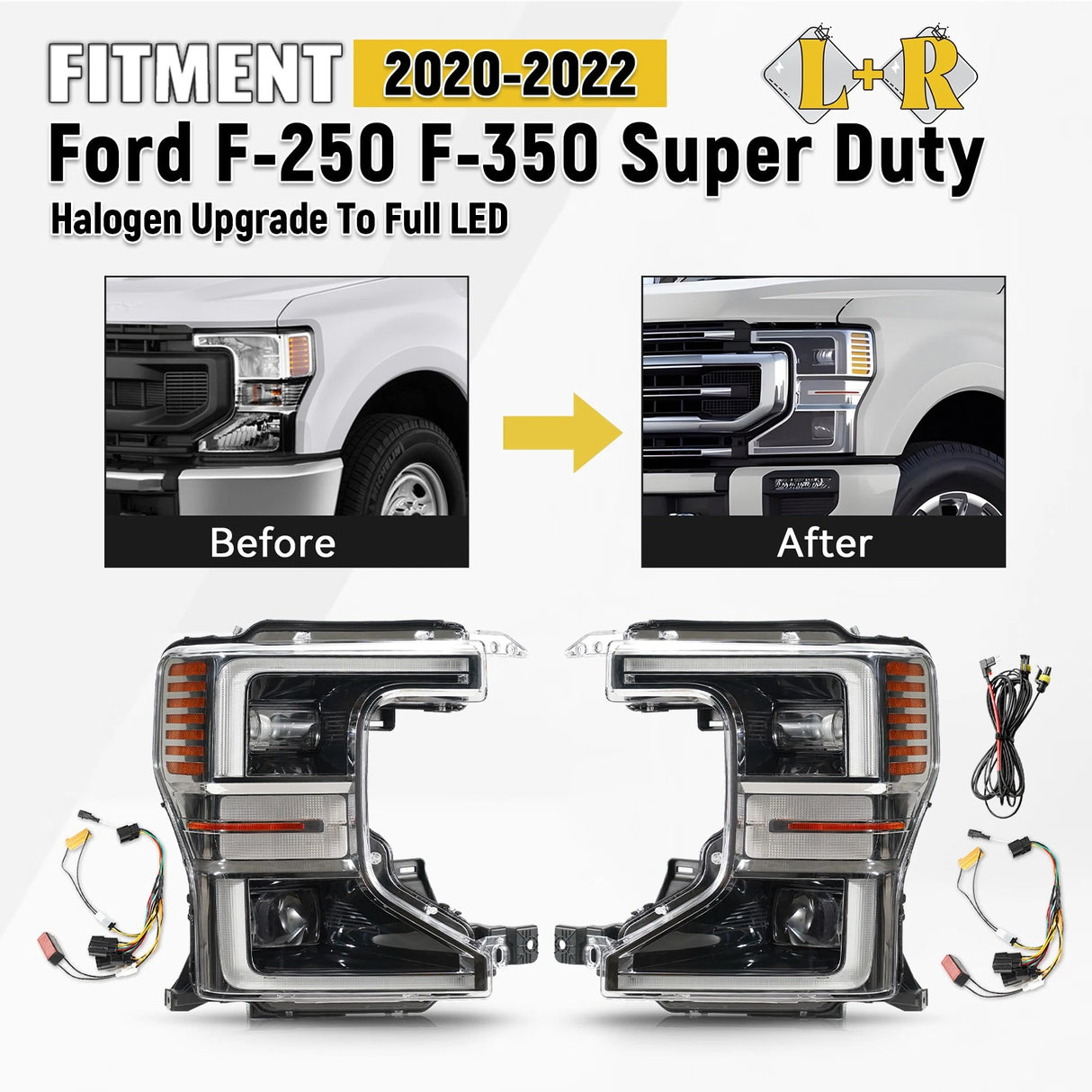 2020-2022 Ford F250 Super Duty Halogen to LED Headlights + Conversion Harness Kit - AutoLEDTech.com