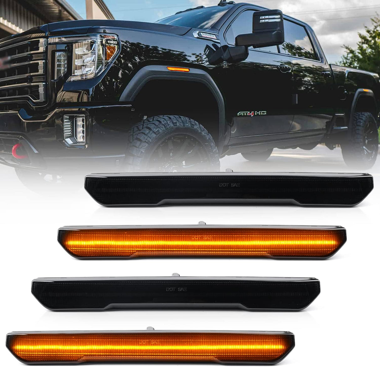2020-2026+ GMC Sierra HD 2500 Smoked White Amber SCANNING LED Side Markers - AutoLEDTech.com