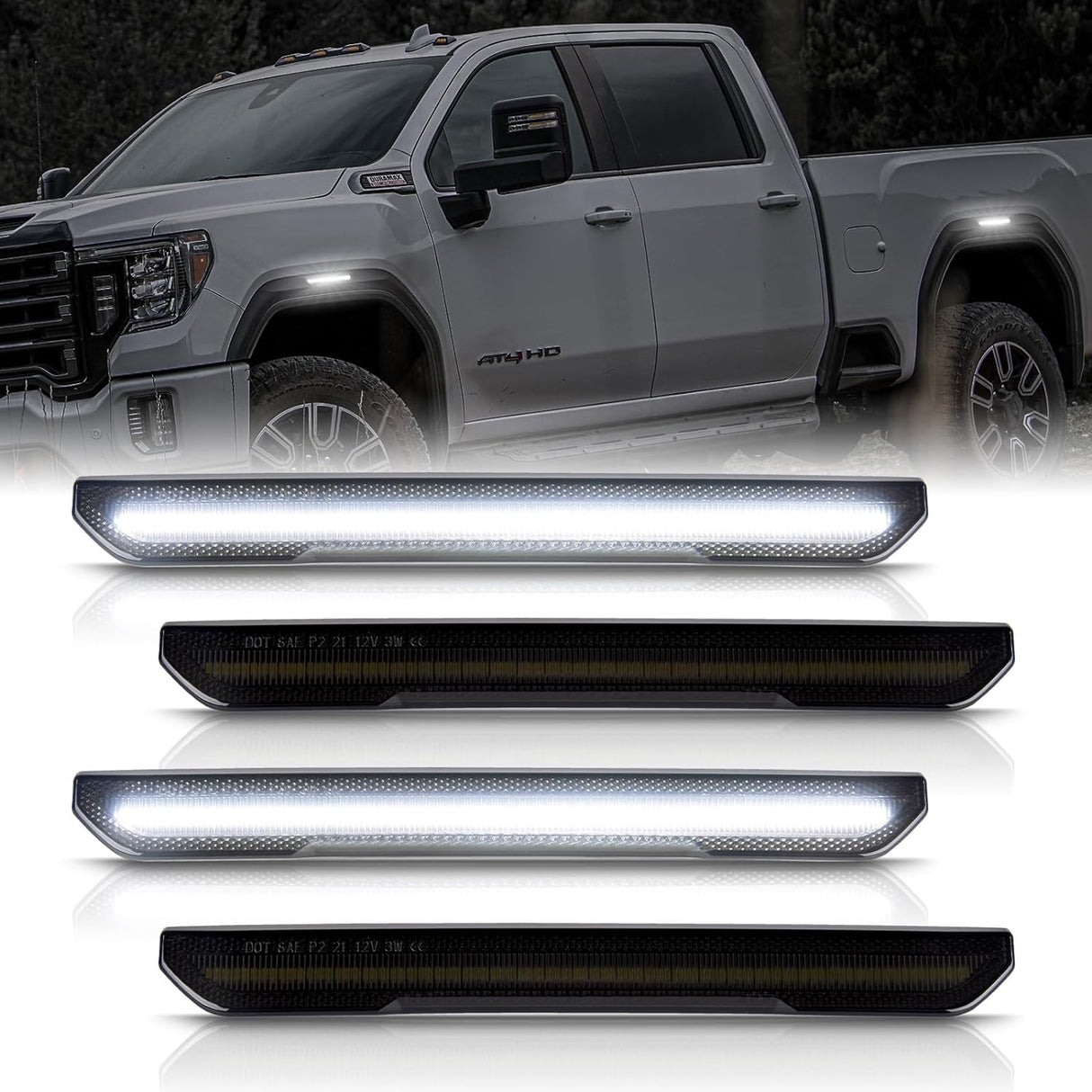 2023-2026+ GMC Canyon Smoked White Amber SCANNING LED Side Markers - AutoLEDTech.com