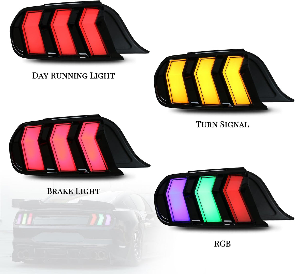 2015-2023 Ford Mustang S550 RGB Flow Smoked Clear LED Tail Lights - AutoLEDTech.com