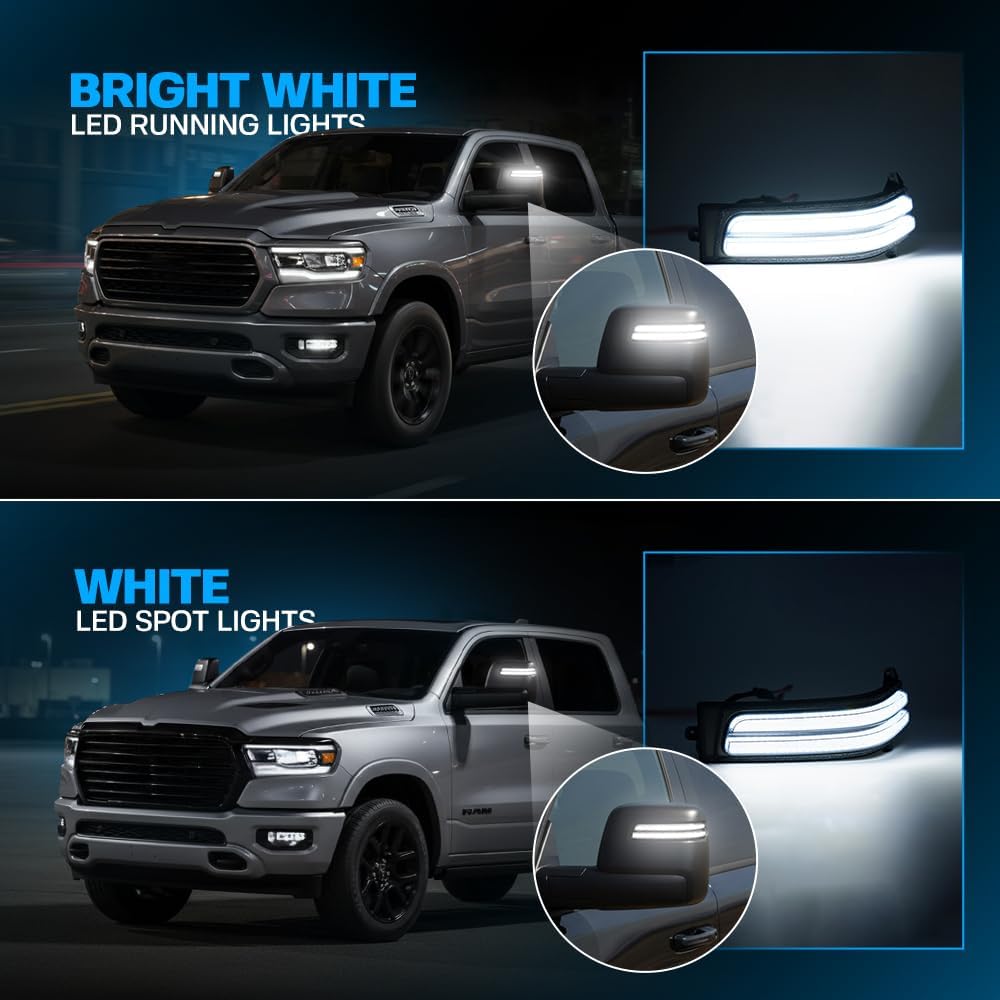 2023-2026+ Ram 1500 2500 HD Smoked White Amber LED Tow Mirror Lights - AutoLEDTech.com