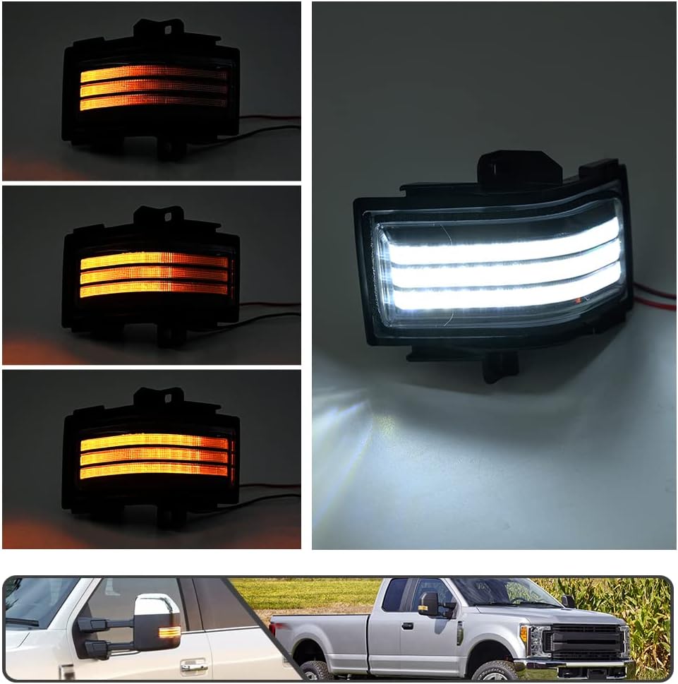 2017-2026+ Ford Super Duty F250 Smoked White Amber LED Mirror Lights - AutoLEDTech.com