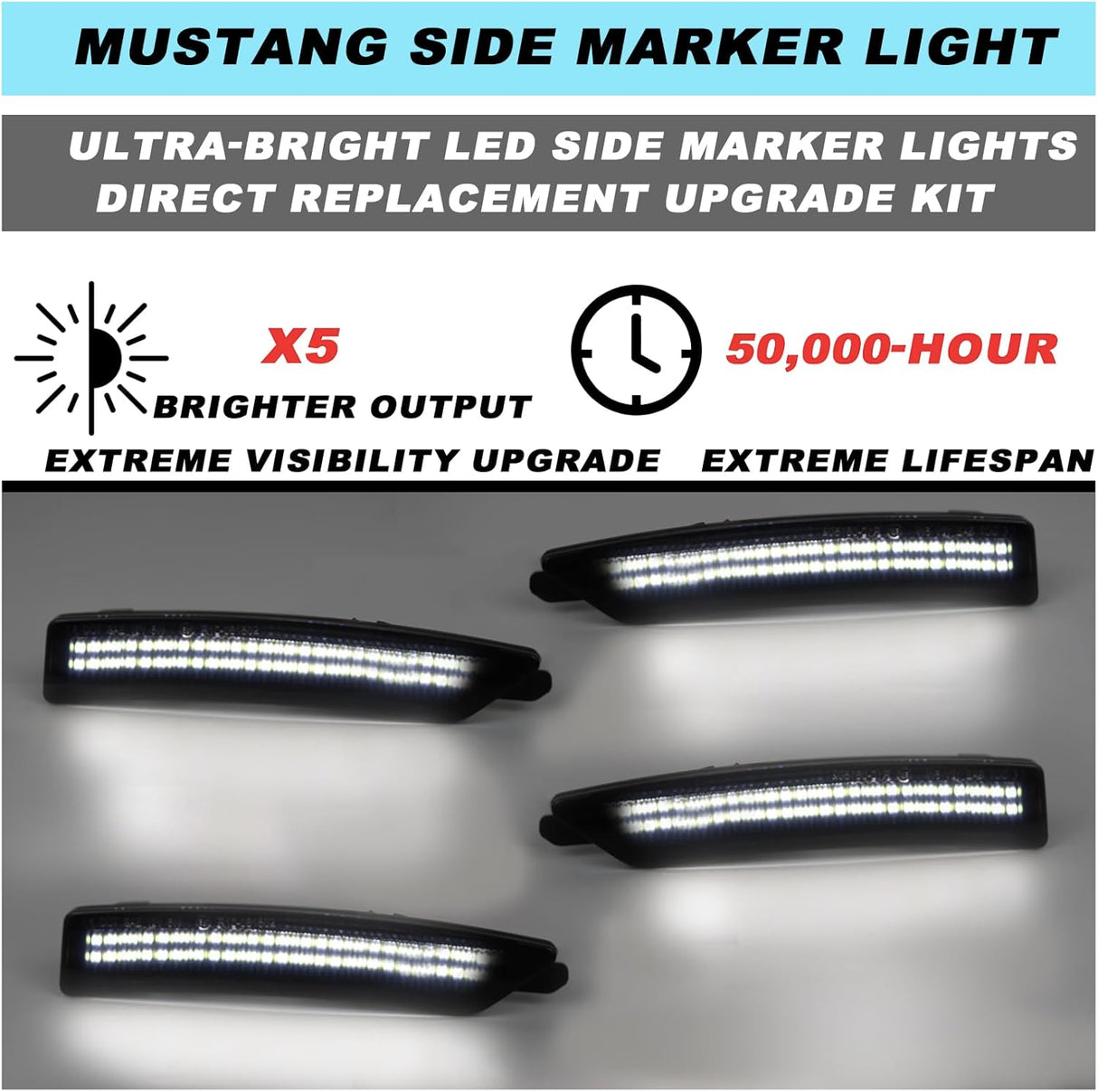 2024+ Ford Mustang S650 SCANNING White LED Smoked Side Marker Lights