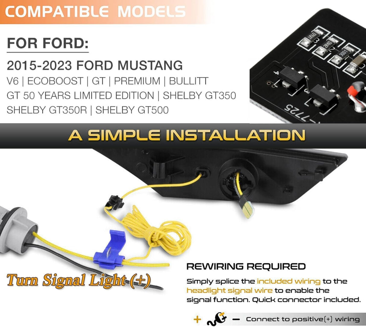 2015-2017 Ford Mustang Smoked Clear Sequential Switchback LED Side Marker Lights