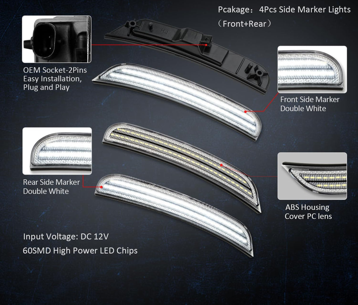 2015-2023 Chrysler 300 SCANNING White LED Smoked Side Marker Lights