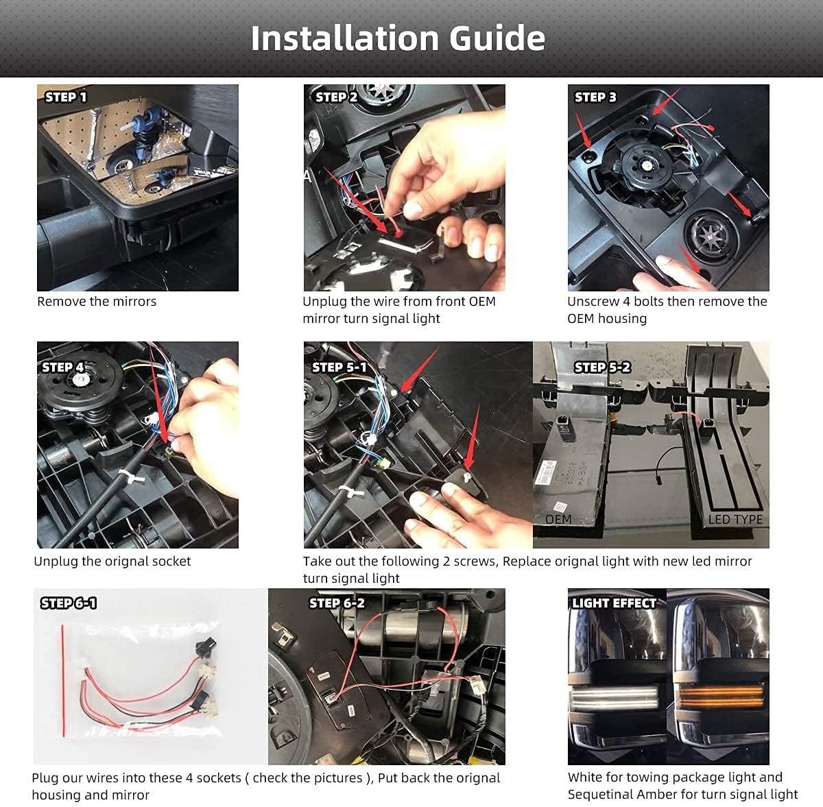 2014-2019 GMC Chevy Sierra Silverado Smoked Switchback LED Mirror Lights