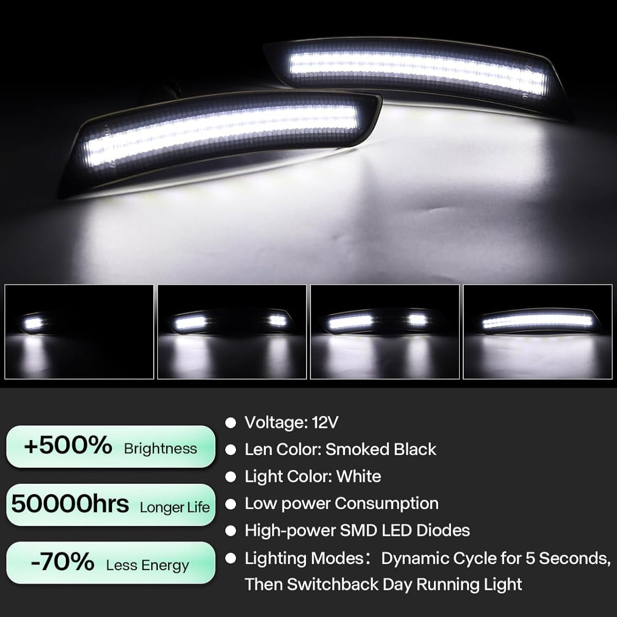 2016+ Chevy Camaro SCANNING White LED Smoked Side Marker Lights