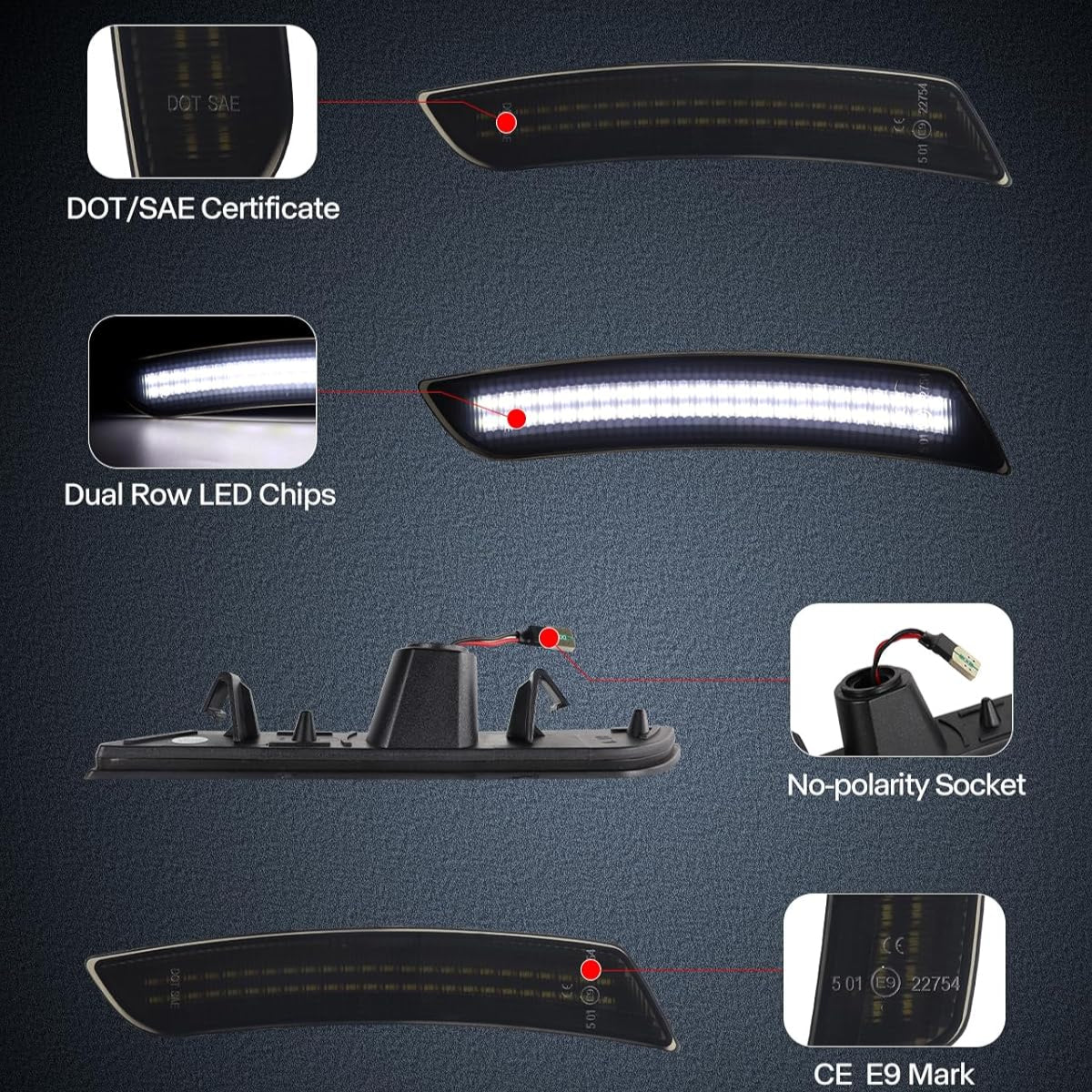 2016+ Chevy Camaro SCANNING White LED Smoked Side Marker Lights