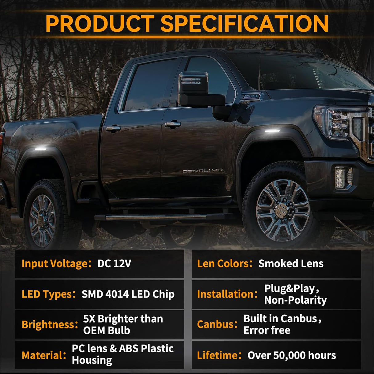 2020-2026+ GMC Sierra HD 2500 Clear Smoked White Amber LED Side Markers