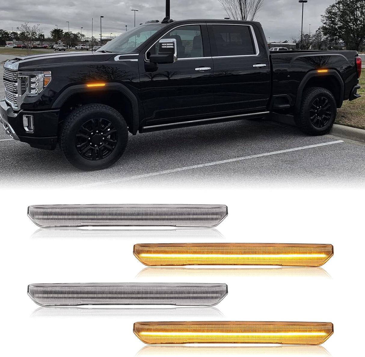 2020-2026+ GMC Sierra HD 2500 Smoked White Amber SCANNING LED Side Markers - AutoLEDTech.com