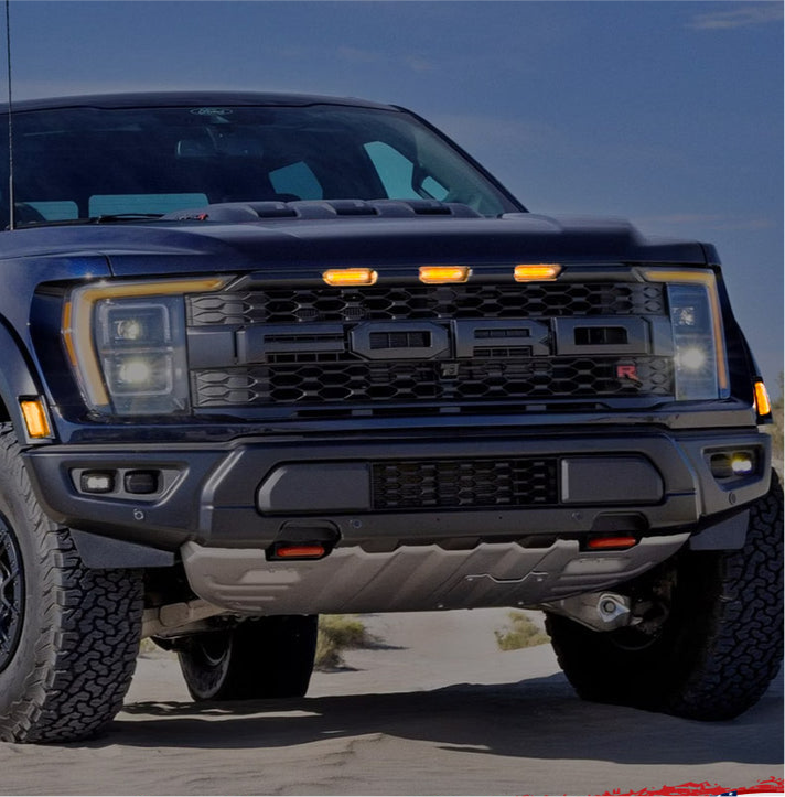 2021-2025+ Ford Raptor Smoked White/Amber Scanning LED Grill + Fender Lights