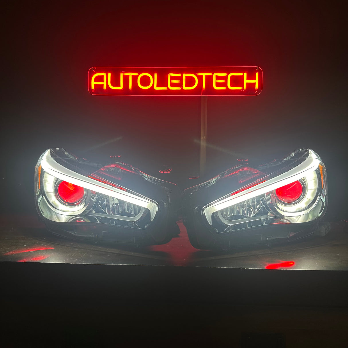 2014-2024 Infiniti Q50 RGBW Flow Series LED DRL Prebuilt Custom Headlights