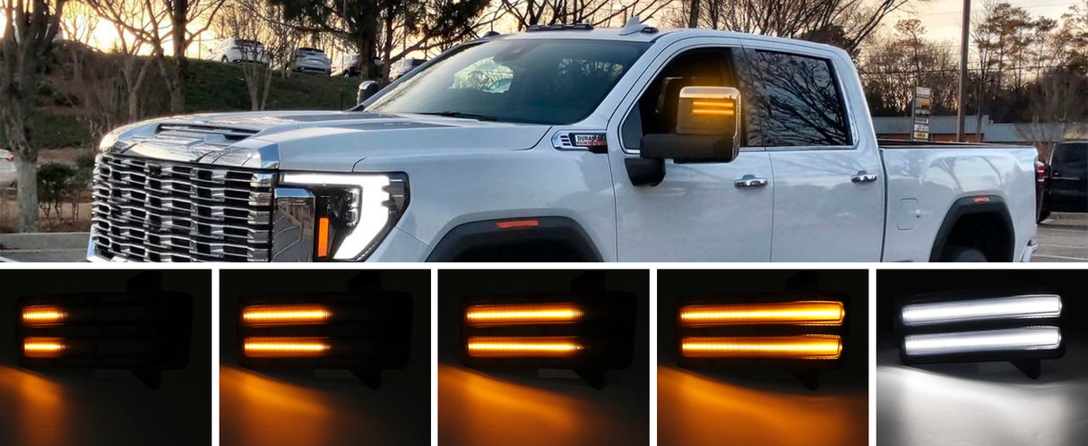 2020-2026+ GMC Chevy Sierra Silverado Smoked Switchback LED Mirror Lights - AutoLEDTech.com