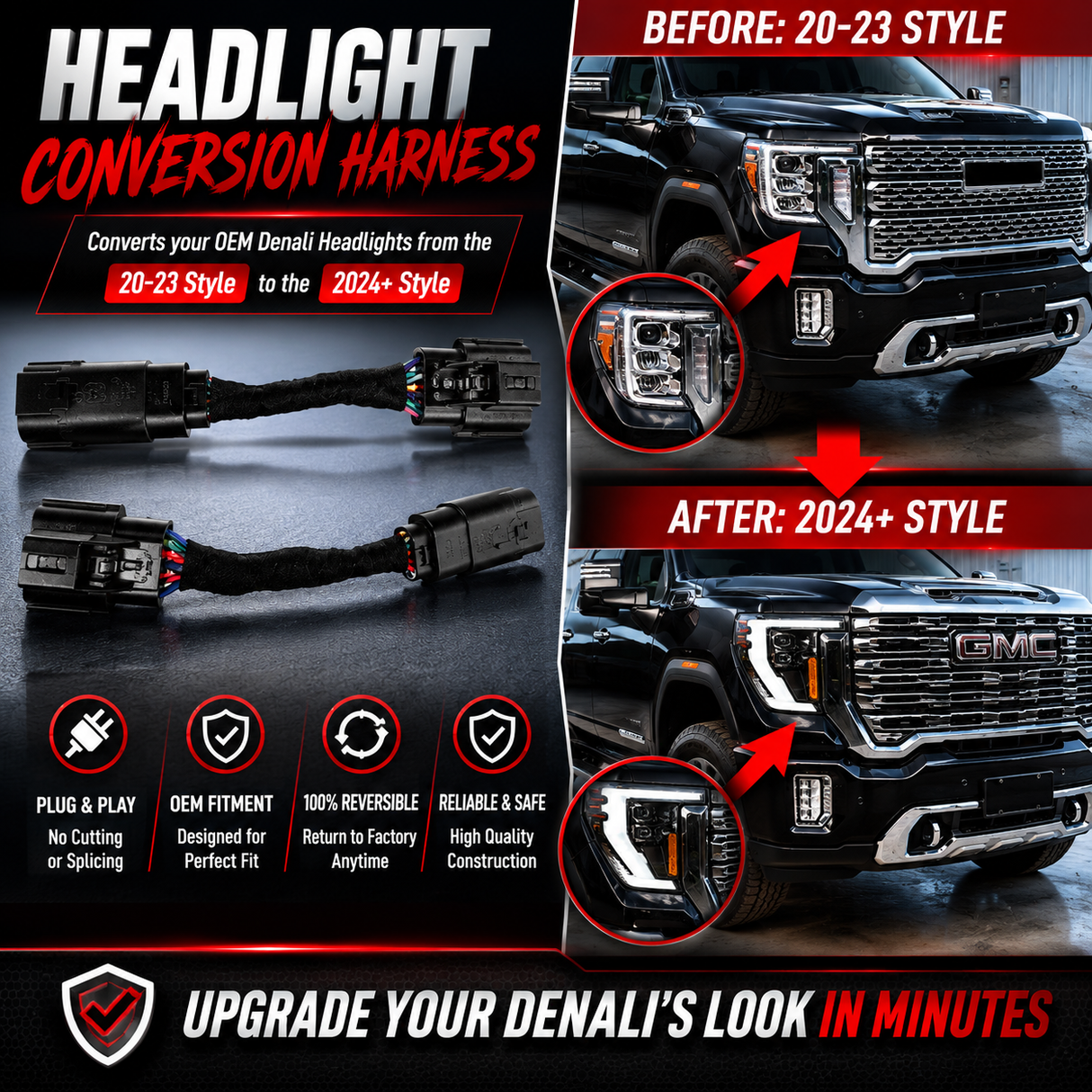 2020-2023 to 24+ GMC Sierra HD Front End LED Headlight Conversion Harness Kit