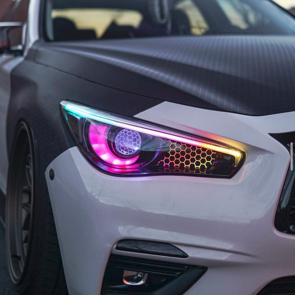 2014-2024 Infiniti Q50 RGBW Flow Series LED DRL Prebuilt Custom Headlights