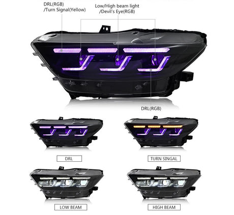 2015-2017 Ford Mustang RGB FLOW SERIES Tri-Beam LED DRL Projector Headlights