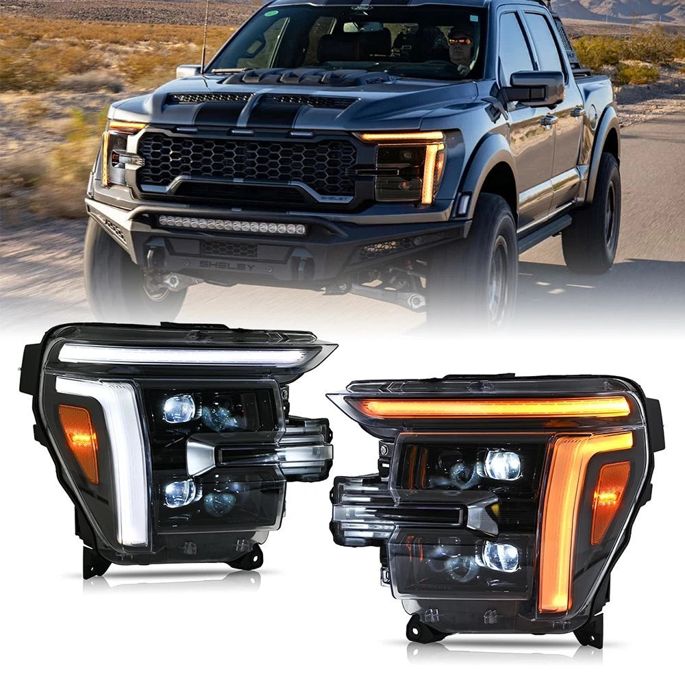 2024-2026 Ford F150 + Raptor White/Amber LED Projector Headlights - AutoLEDTech.com