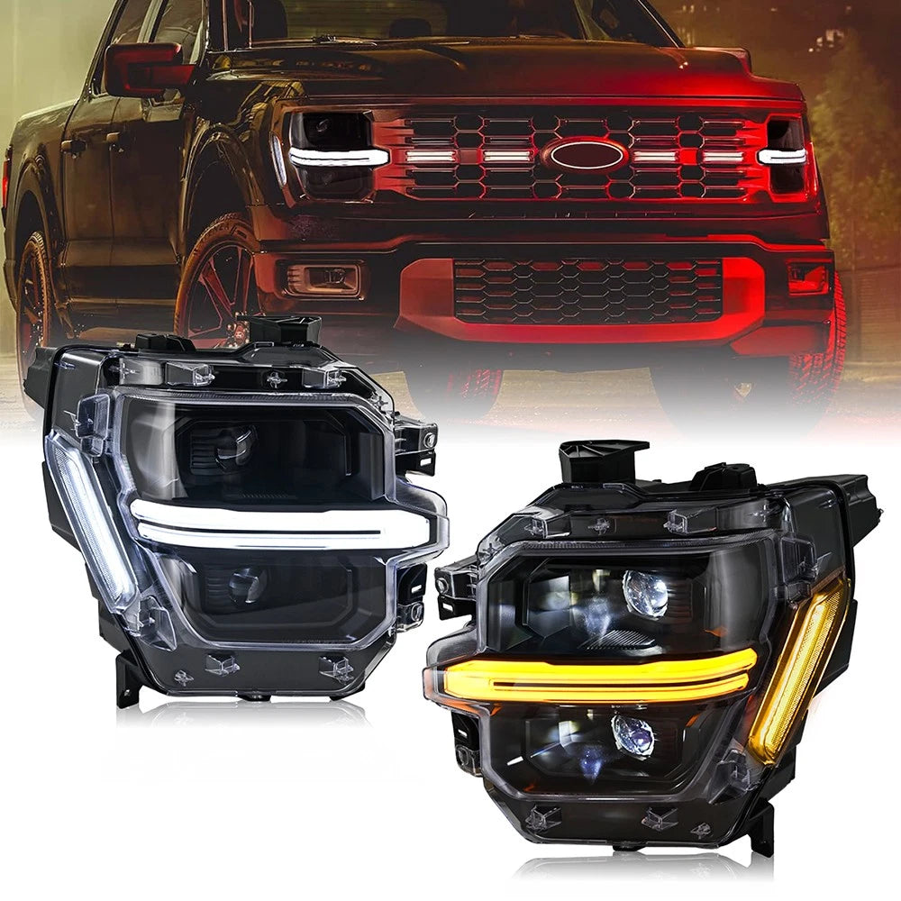 2024-2026 Ford F150 White + Amber LED DRL Projector Headlights (STX XLT XL) - AutoLEDTech.com