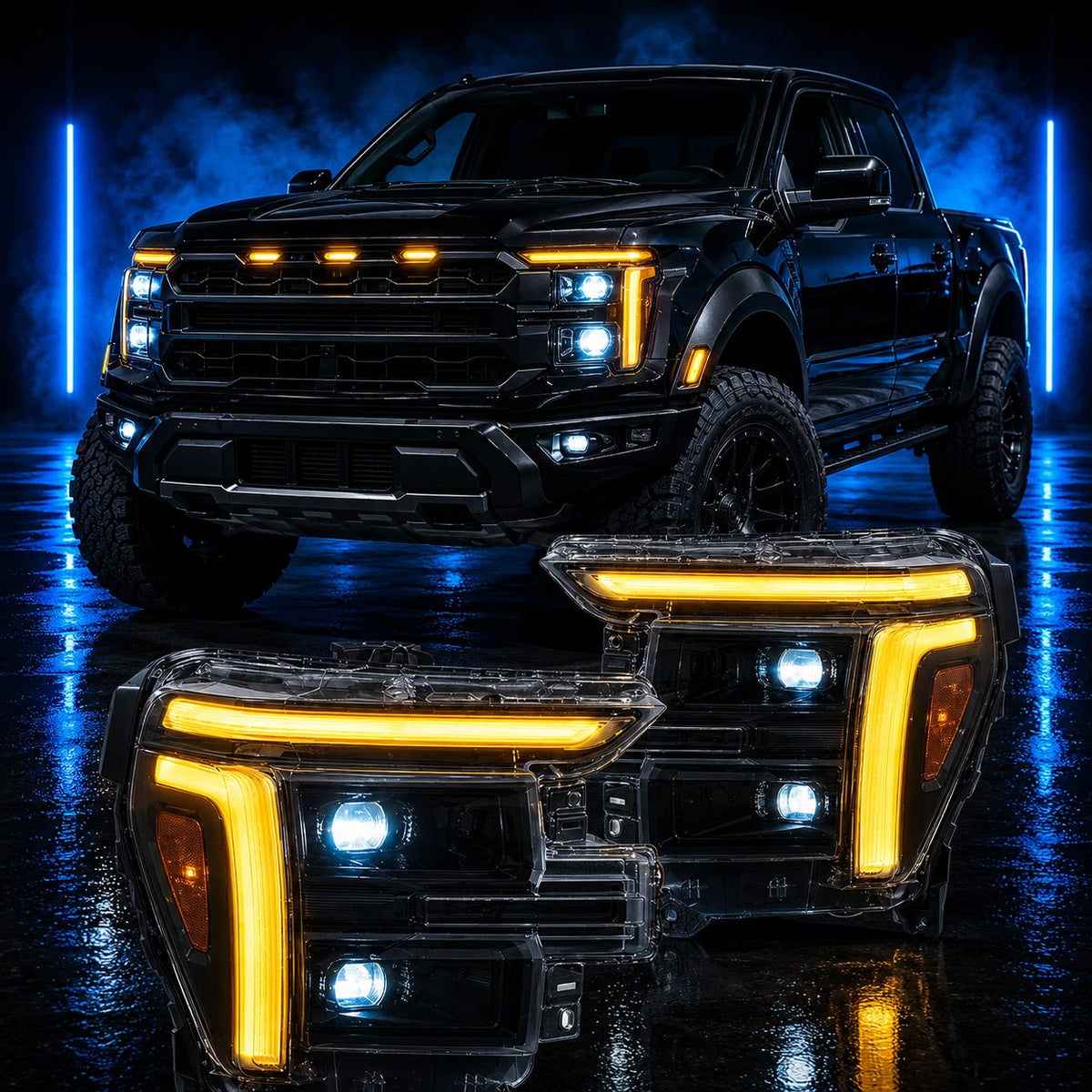 2024-2027+ Ford F150 & Raptor White/Amber LED Projector Headlights