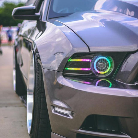 2010-2014 Ford Mustang RGBW Color-Chasing LED DRL Halo Prebuilt Headlights LED headlight kit AutoLEDTech Oracle Lighting Trendz Flow Series RGBHaloKits OneUpLighting Morimoto