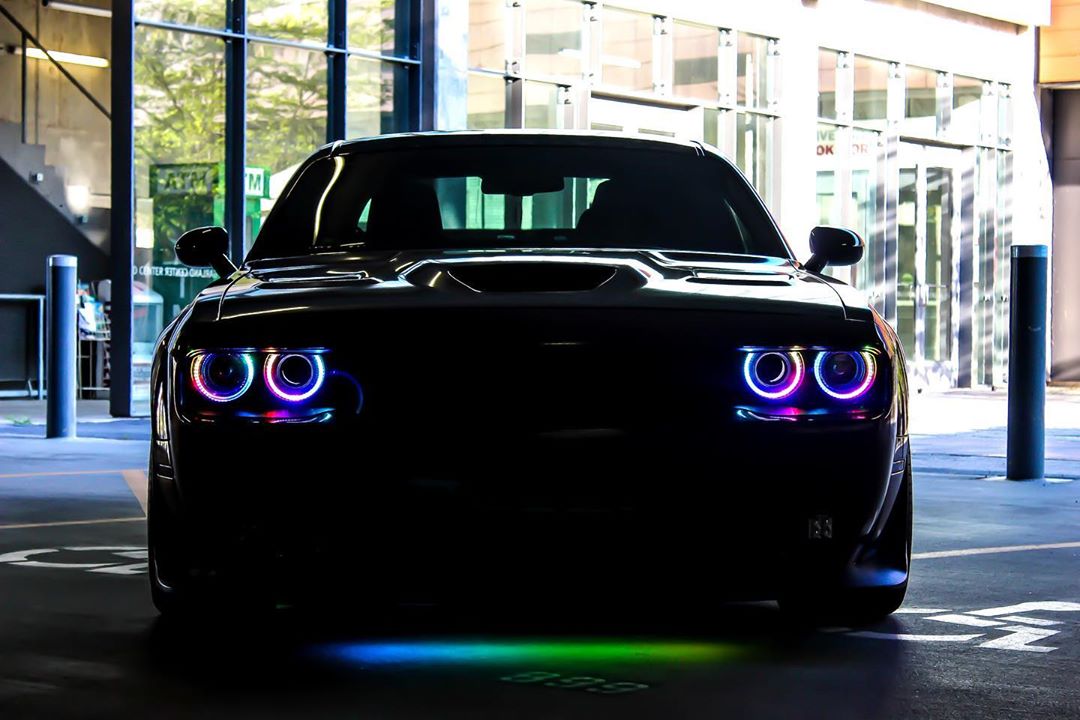 2015-2023 Dodge Challenger RGBW Color-Chasing LED Halo DRL Prebuilt Headlights (Flow Series) LED headlight kit AutoLEDTech Oracle Lighting Trendz Flow Series RGBHaloKits OneUpLighting Morimoto