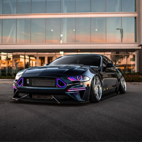 2018-2023 Ford Mustang RGBW Color-Chasing LED DRL Halo Prebuilt Headlights (Flow Series) LED headlight kit AutoLEDTech Oracle Lighting Trendz Flow Series RGBHaloKits OneUpLighting Morimoto