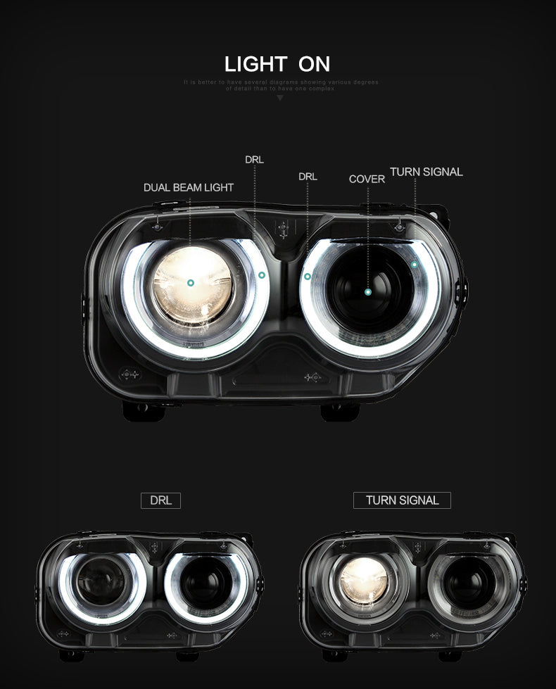 2015-2023 Dodge Challenger RGBW Color-Chasing LED Halo DRL Prebuilt Headlights (Flow Series) LED headlight kit AutoLEDTech Oracle Lighting Trendz Flow Series RGBHaloKits OneUpLighting Morimoto