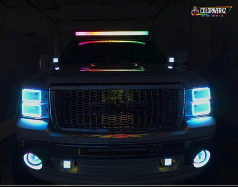 2007-2014 GMC Sierra 1500 2500HD RGBW Color-Chasing LED Halo Kit LED headlight kit AutoLEDTech Oracle Lighting Trendz Flow Series RGBHaloKits OneUpLighting Morimoto
