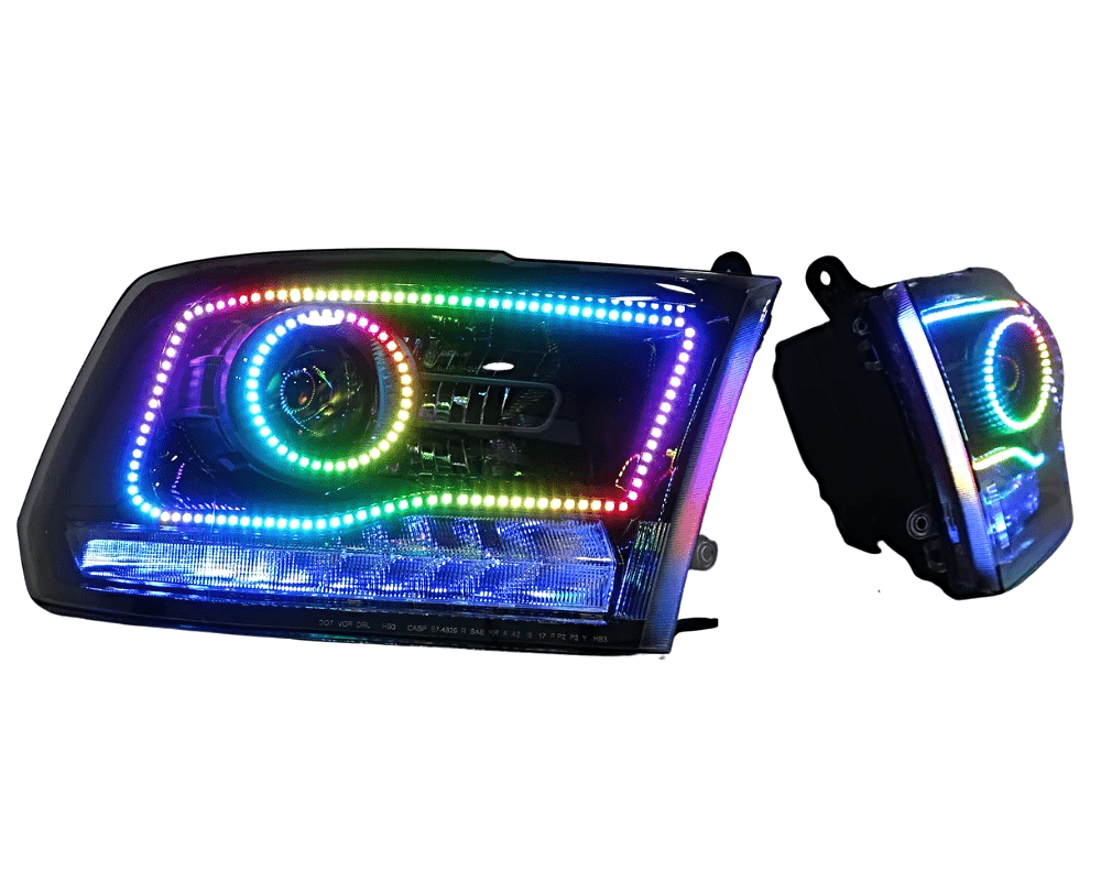 2009-2018 Dodge Ram 1500 2500 RGBW Color-Chasing LED Halo DRL Prebuilt Headlights LED headlight kit AutoLEDTech Oracle Lighting Trendz Flow Series RGBHaloKits OneUpLighting Morimoto
