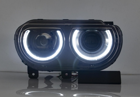 2008-2014 Dodge Challenger RGBW Color-Chasing LED Halo DRL Projector Headlights - 2015+ Style Design LED headlight kit AutoLEDTech Oracle Lighting Trendz Flow Series RGBHaloKits OneUpLighting Morimoto