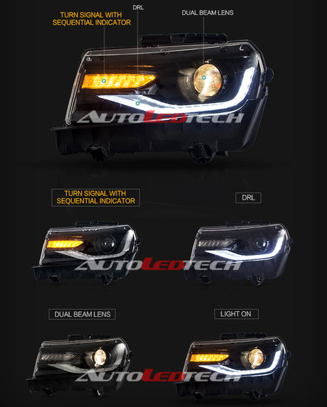 2014-2015 Chevrolet Camaro LED DRL Projector Headlights - 2016+ Style Design LED headlight kit AutoLEDTech Oracle Lighting Trendz Flow Series RGBHaloKits OneUpLighting Morimoto