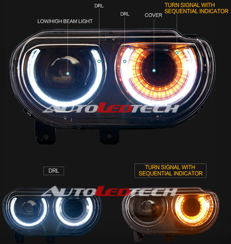 2008-2014 Dodge Challenger RGBW Color-Chasing LED Halo DRL Projector Headlights - 2015+ Style Design LED headlight kit AutoLEDTech Oracle Lighting Trendz Flow Series RGBHaloKits OneUpLighting Morimoto