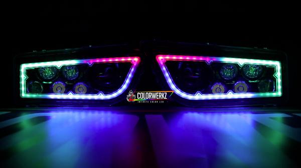 Prebuilt Polaris RZR Color-Chasing Halo LED Headlights LED headlight kit AutoLEDTech Oracle Lighting Trendz Flow Series RGBHaloKits OneUpLighting Morimoto