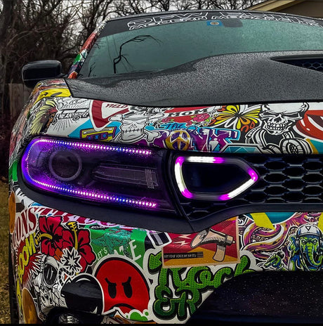 2015-2022 Dodge Charger RGBW Color Chasing LED Illuminated Grill Snorkel Air Intake Light Assembly LED headlight kit AutoLEDTech Oracle Lighting Trendz Flow Series RGBHaloKits OneUpLighting Morimoto