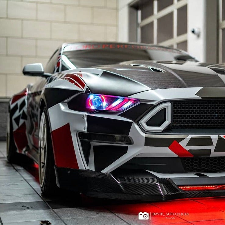 2018-2023 Ford Mustang RGBW Color-Chasing LED DRL Halo Prebuilt Headlights (Flow Series) LED headlight kit AutoLEDTech Oracle Lighting Trendz Flow Series RGBHaloKits OneUpLighting Morimoto