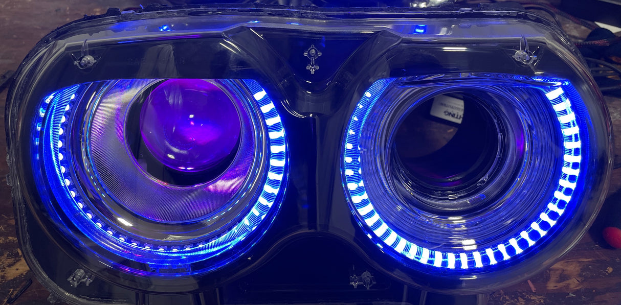 2015-2023 Dodge Challenger RGBW Color-Chasing LED Halo DRL Prebuilt Headlights (Flow Series) LED headlight kit AutoLEDTech Oracle Lighting Trendz Flow Series RGBHaloKits OneUpLighting Morimoto