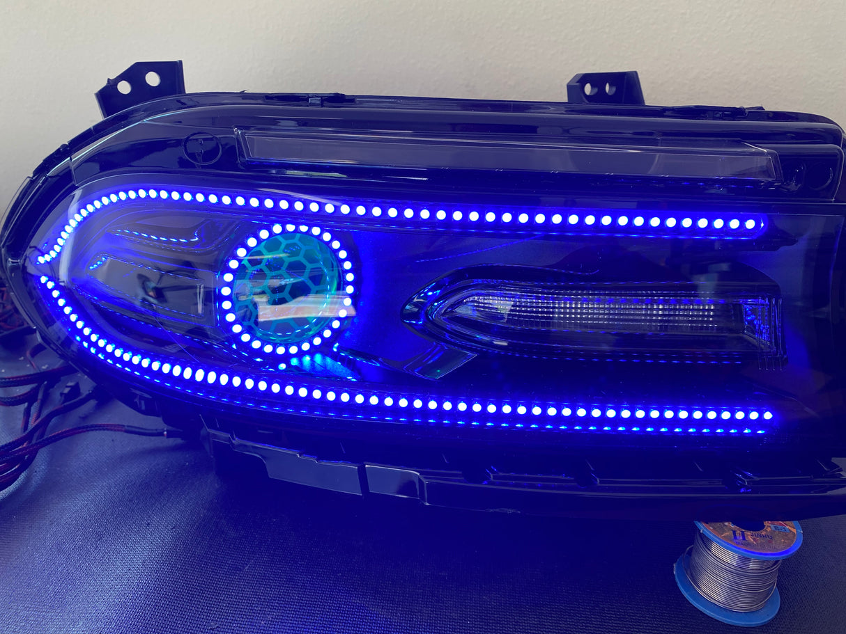 2015-2023 Dodge Charger RGBW Color-Chasing Halo LED DRL Prebuilt Halo Headlights (Flow Series) LED headlight kit AutoLEDTech Oracle Lighting Trendz Flow Series RGBHaloKits OneUpLighting Morimoto
