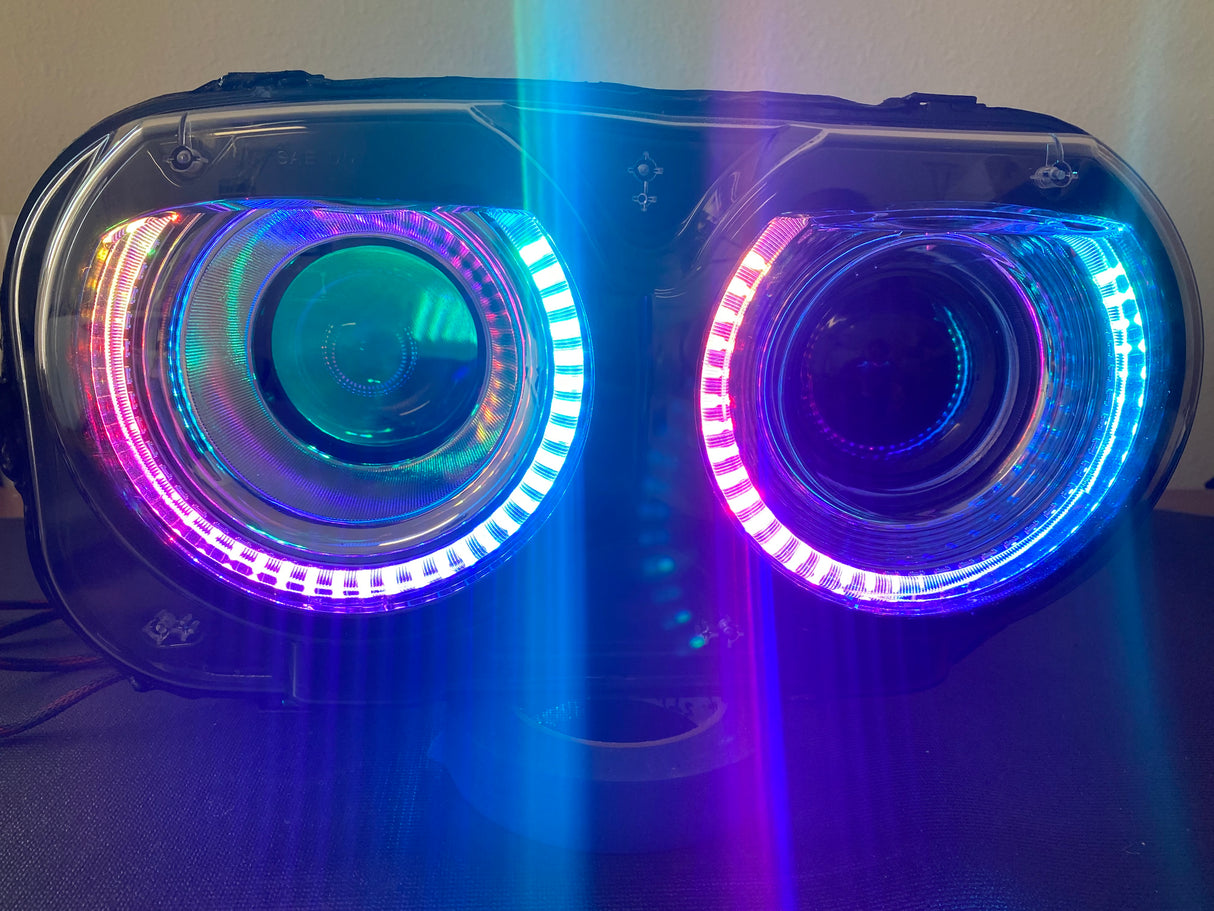 2015-2023 Dodge Challenger RGBW Color-Chasing LED Halo DRL Prebuilt Headlights (Flow Series) LED headlight kit AutoLEDTech Oracle Lighting Trendz Flow Series RGBHaloKits OneUpLighting Morimoto