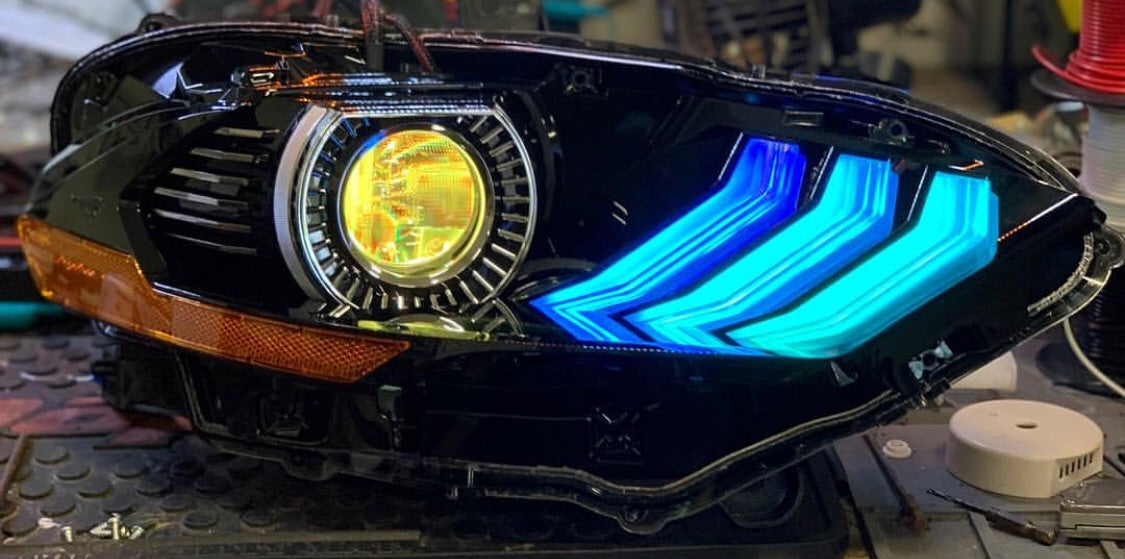 2018-2022 Ford Mustang RGBW Color-Chasing LED DRL Boards LED headlight kit AutoLEDTech Oracle Lighting Trendz Flow Series RGBHaloKits OneUpLighting Morimoto