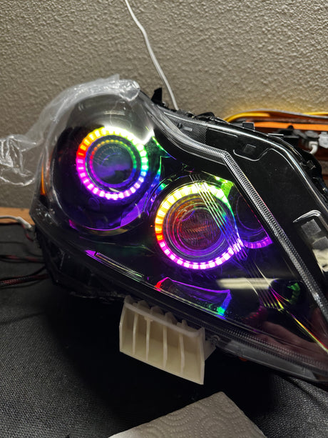 2010-2013 Infiniti G37/G25/Q40 Sedan RGBW Color-Chasing LED Halo Prebuilt Headlights (Flow Series) LED headlight kit AutoLEDTech Oracle Lighting Trendz Flow Series RGBHaloKits OneUpLighting Morimoto