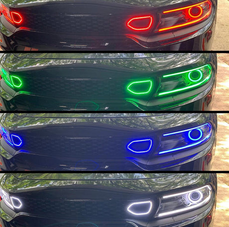 2015-2023 Dodge Charger RGBW Color Chasing LED Grill Snorkel Air Intake Halo Kit LED headlight kit AutoLEDTech Oracle Lighting Trendz Flow Series RGBHaloKits OneUpLighting Morimoto