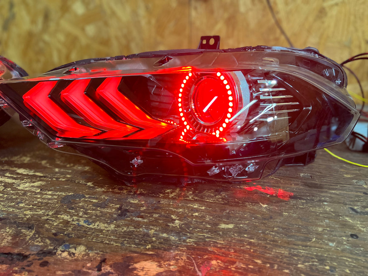 2018-2023 Ford Mustang RGBW Color-Chasing LED DRL Halo Prebuilt Headlights (Flow Series) LED headlight kit AutoLEDTech Oracle Lighting Trendz Flow Series RGBHaloKits OneUpLighting Morimoto