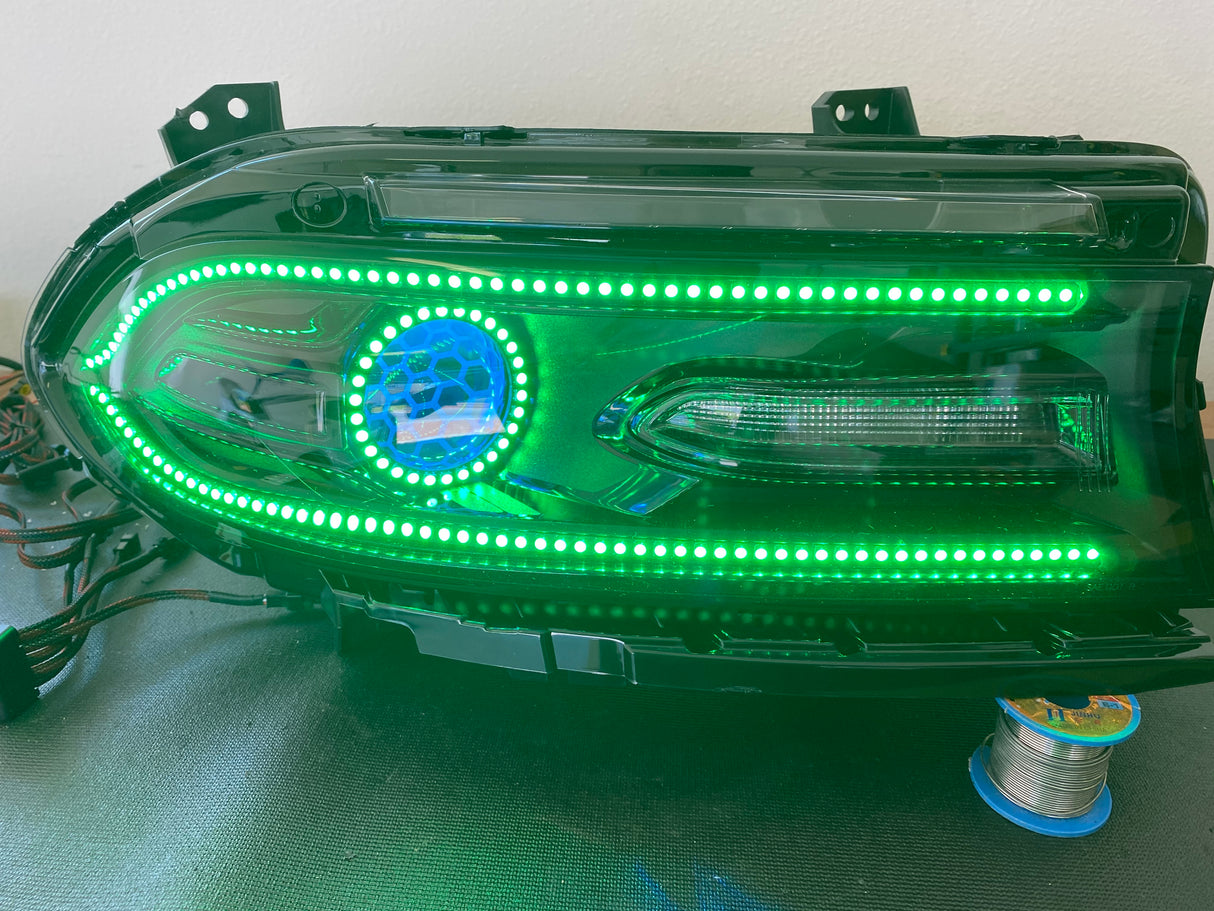 2015-2023 Dodge Charger RGBW Color-Chasing Halo LED DRL Prebuilt Halo Headlights (Flow Series) LED headlight kit AutoLEDTech Oracle Lighting Trendz Flow Series RGBHaloKits OneUpLighting Morimoto