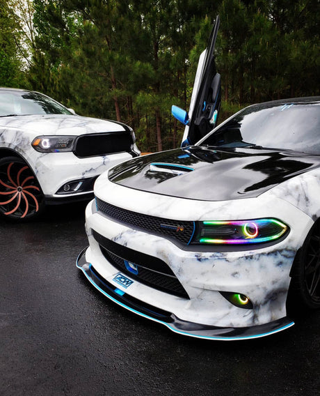 2015-2023 Dodge Charger RGBW Color-Chasing Halo LED DRL Prebuilt Halo Headlights (Flow Series) LED headlight kit AutoLEDTech Oracle Lighting Trendz Flow Series RGBHaloKits OneUpLighting Morimoto