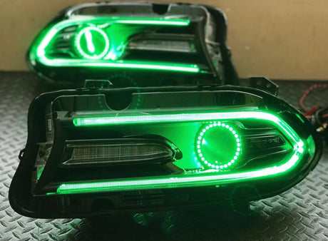 2015-2023 Dodge Charger RGBW Color-Chasing Halo LED DRL Prebuilt Halo Headlights (Flow Series) LED headlight kit AutoLEDTech Oracle Lighting Trendz Flow Series RGBHaloKits OneUpLighting Morimoto