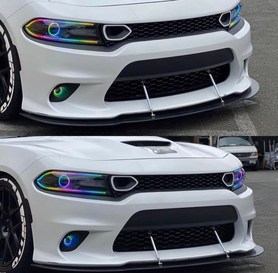 2015-2023 Dodge Charger RGBW Color-Chasing Halo LED DRL Prebuilt Halo Headlights (Flow Series) LED headlight kit AutoLEDTech Oracle Lighting Trendz Flow Series RGBHaloKits OneUpLighting Morimoto