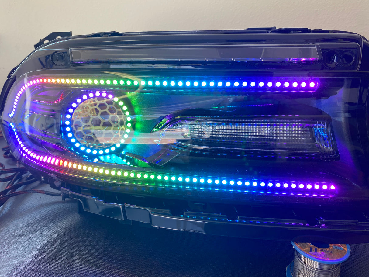 2015-2023 Dodge Charger RGBW Color-Chasing Halo LED DRL Prebuilt Halo Headlights (Flow Series) LED headlight kit AutoLEDTech Oracle Lighting Trendz Flow Series RGBHaloKits OneUpLighting Morimoto