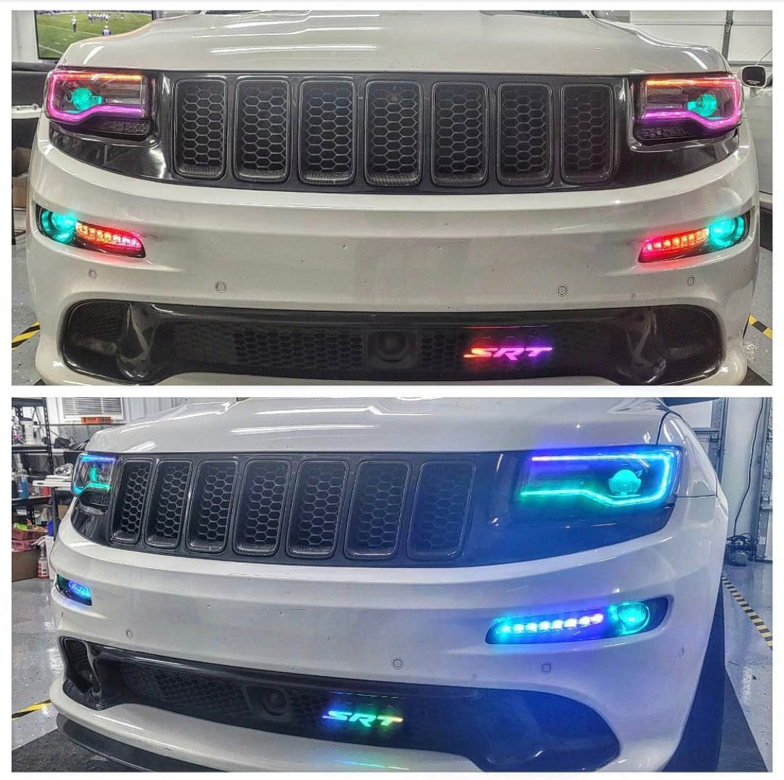 2011-2021 Jeep Grand Cherokee WK2 RGBW Color-Chasing LED DRL Replacement Headlights - Halogen to LED DRL HID Conversion LED headlight kit AutoLEDTech Oracle Lighting Trendz Flow Series RGBHaloKits OneUpLighting Morimoto