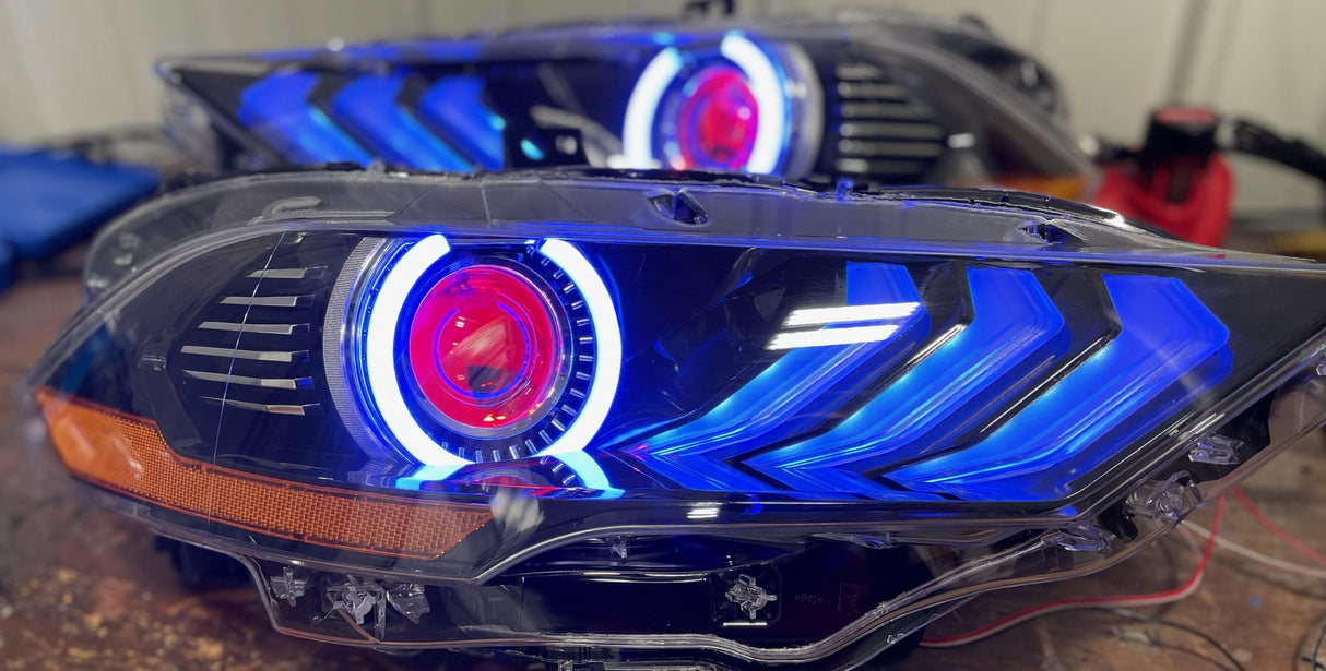 2018-2023 Ford Mustang RGBW Color-Chasing LED DRL Halo Prebuilt Headlights (Flow Series) LED headlight kit AutoLEDTech Oracle Lighting Trendz Flow Series RGBHaloKits OneUpLighting Morimoto